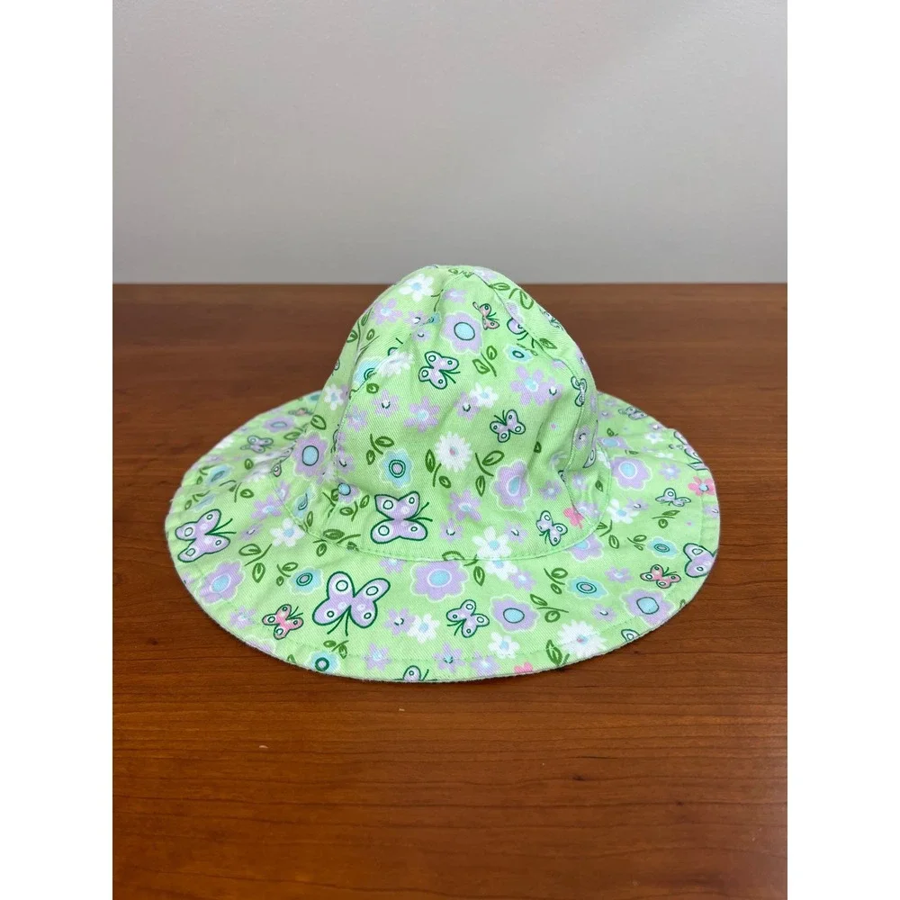 Reversible Kids Sun Hat Lime Green Floral Butterfly Polka Dot Cotton Bucket Hat